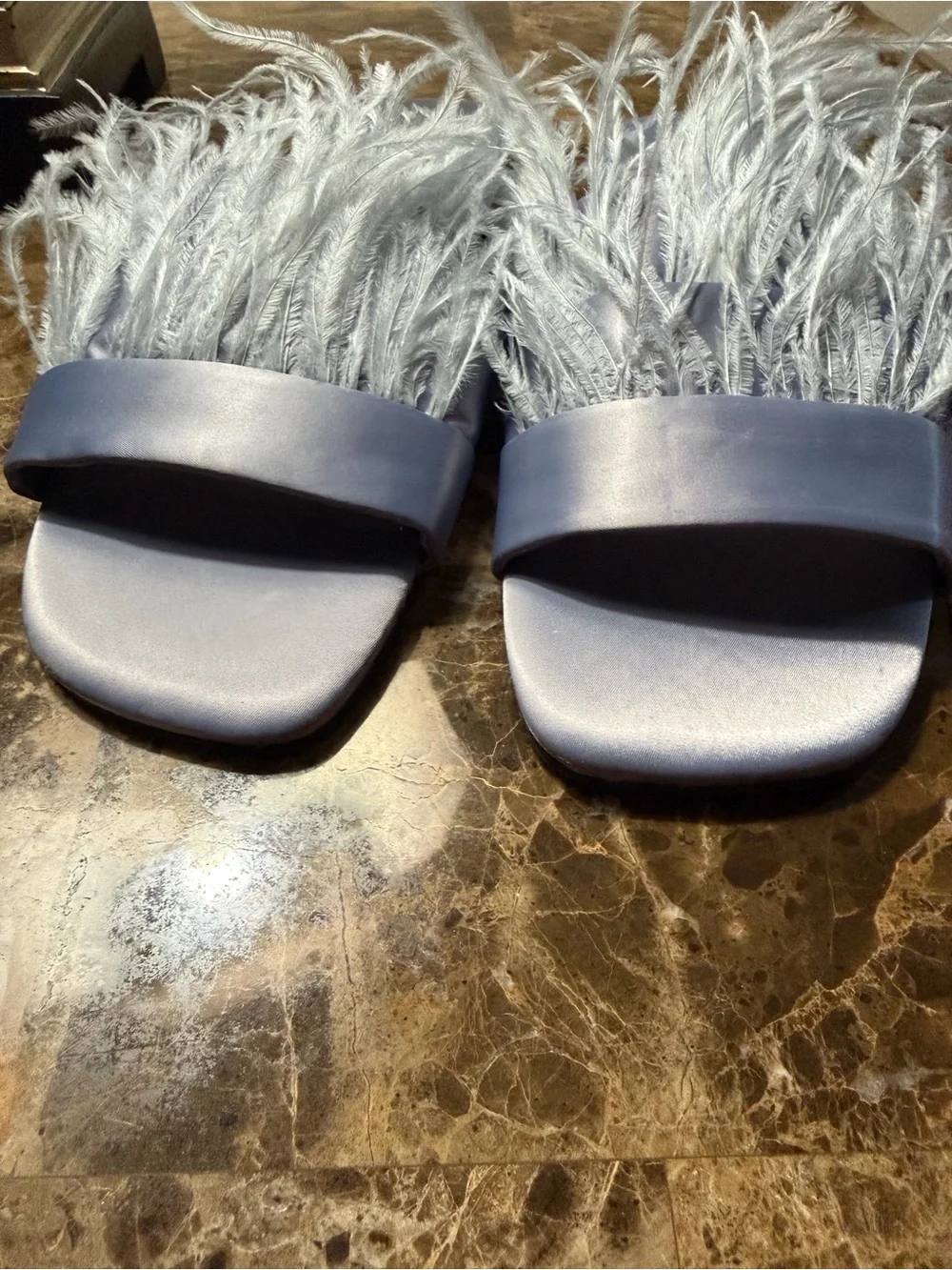 Zara Feather-Trim Satin Slides in Pale Lilac - Picture 3 of 9